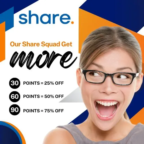 Share Squad Loyalty Program described. A woman with a huge smile against Orange and blue geometric background shapes.